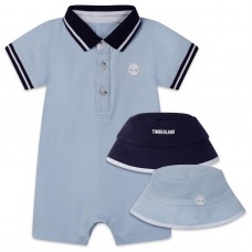Timberland Baby Boys Romper & Reversible Hat - Pale Blue